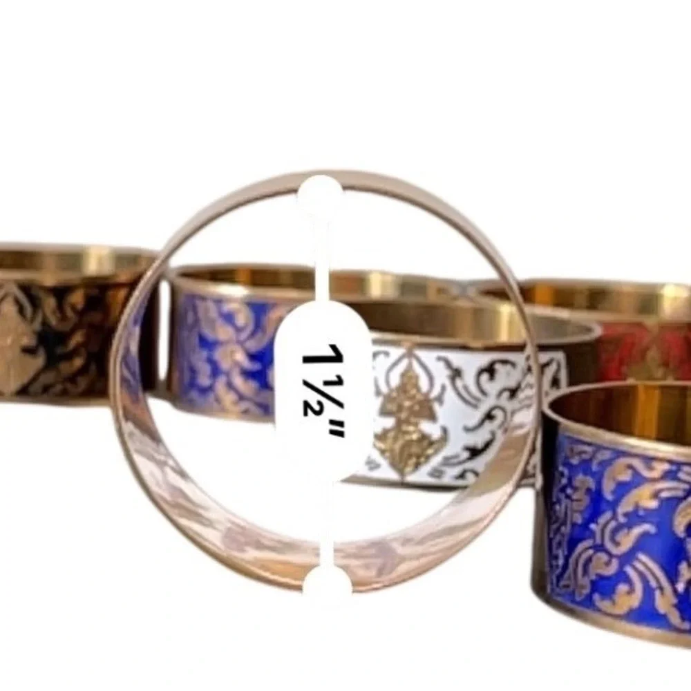 Vintage Thai Bronze Enameled Napkin Rings Etched Buddha Set of 6 Multi Color